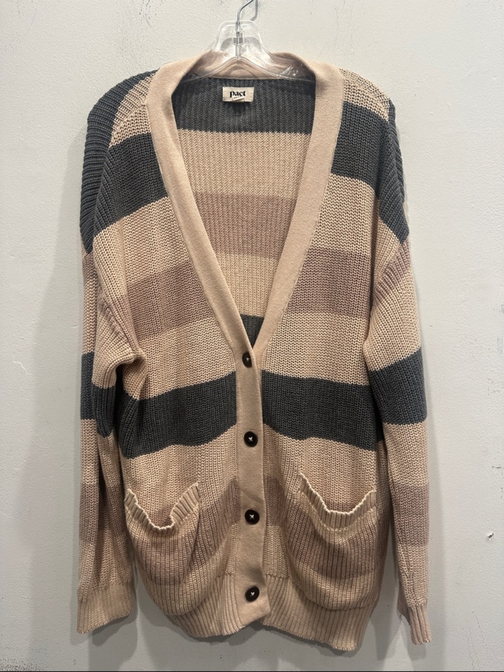 Pact Organic cotton Fisherman stripe neutral beige Button Cardigan XL coastal